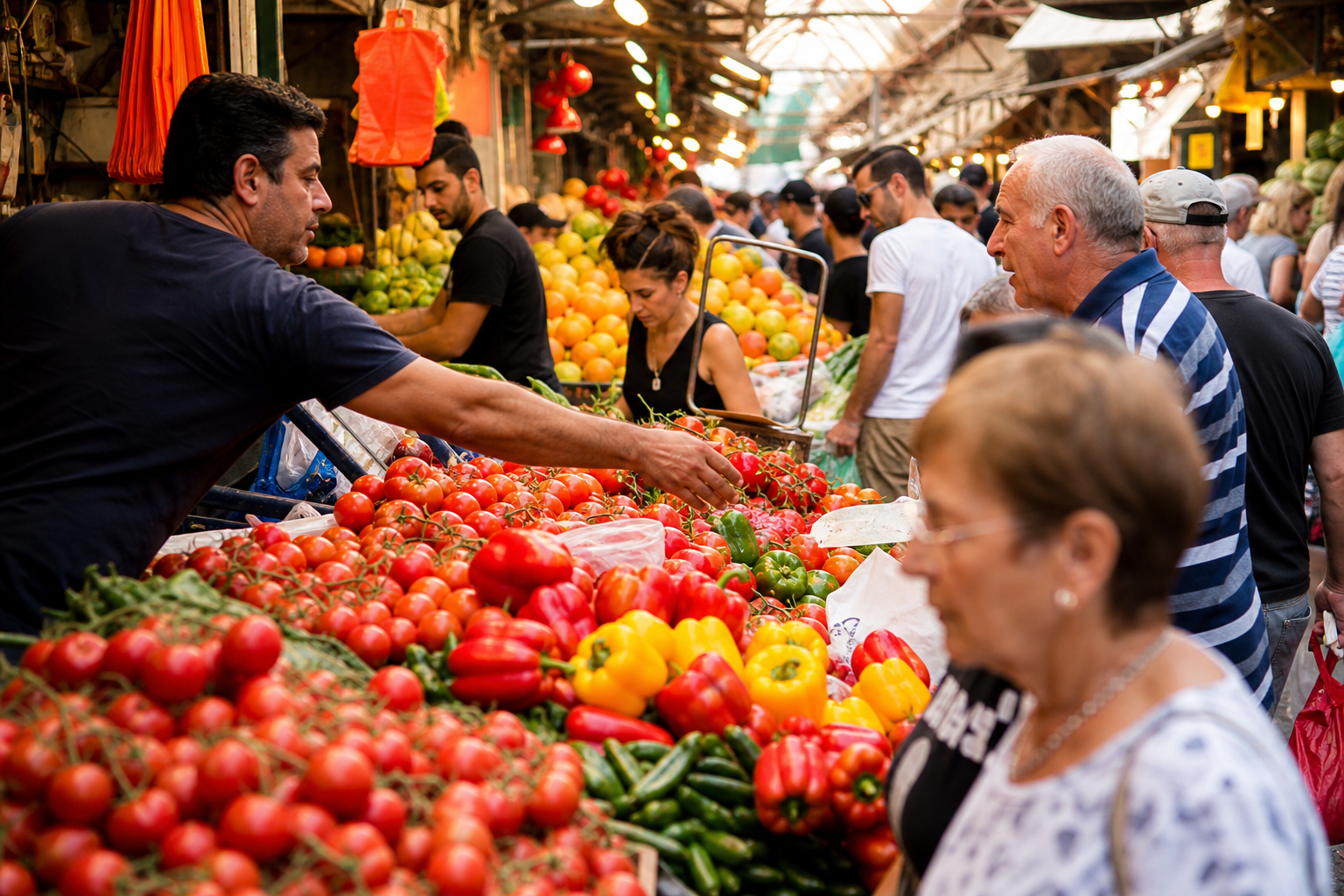 Bustling Carmel Market in Tel Aviv with colorful produce stalls