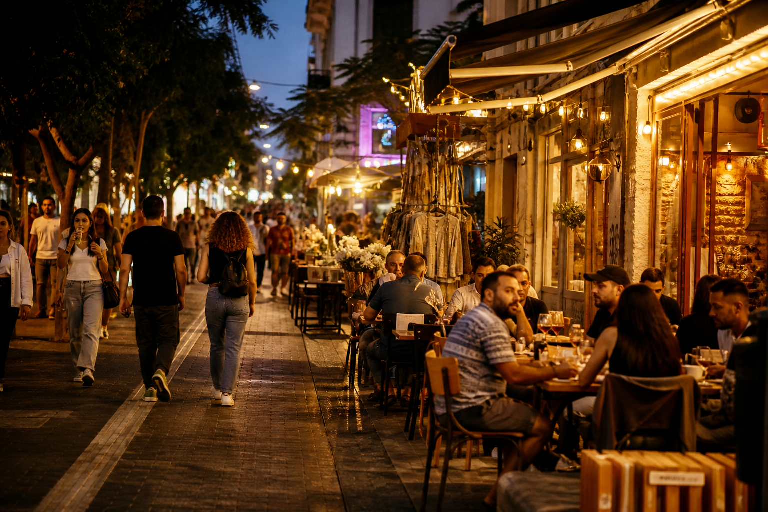 Tel Aviv food street at evening with warm lights