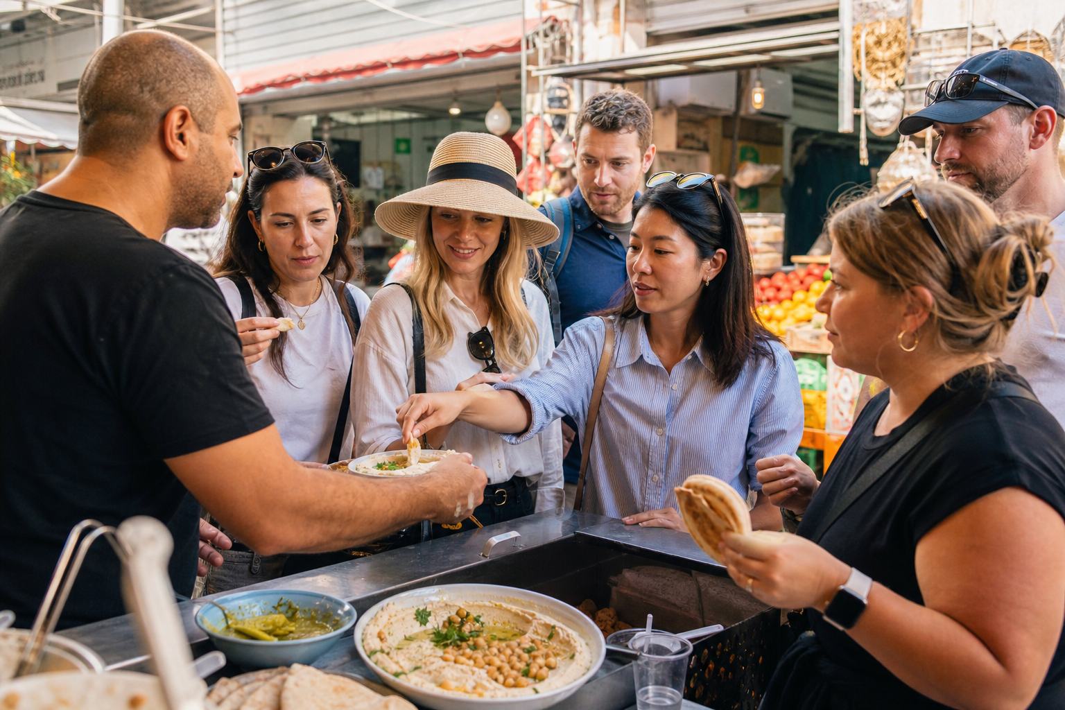 Food tour group tasting at a Tel Aviv market stall